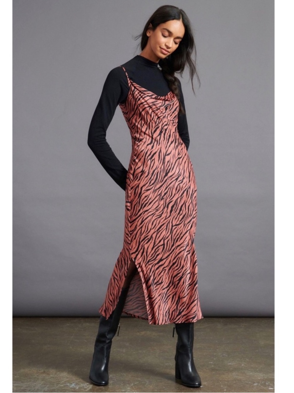ANTHROPOLOGIE Elyse Animal Print Bias Cut Satin Midi Slip Dress, Size Medium